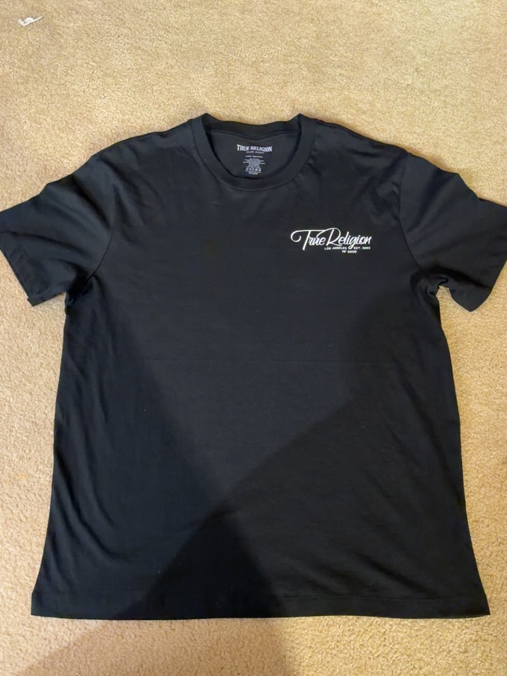 True Religion Black Short Sleeve Crew Neck Tee with White Script Logo